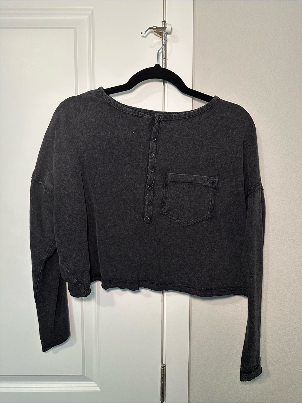 Urban Outfitters Black Cropped Henley Long Sleeve Top